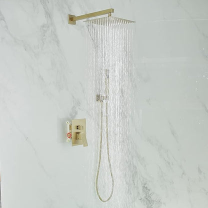 BWE Shower Faucet Brushed Gold 12 Inch Square Bathroom Luxury Rain Mixer Shower Combo Set 2-Functions Wall Mounted Rainfall Shower Head System Rough-in Valve Body and Trim Included