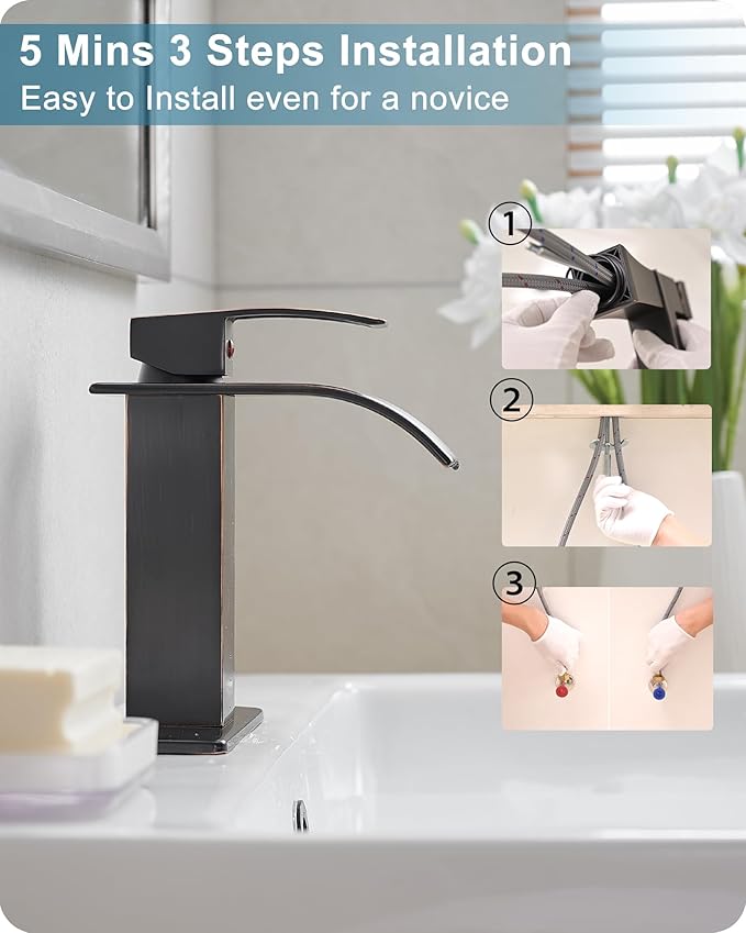 Waterfall Bathroom Faucet Oil Rubbed Bronze, Brass 4 Ins Bathroom Faucets One Hole or 3 Hole, Single Handle with Deck Plate, Pop-up Drain & Water Hose