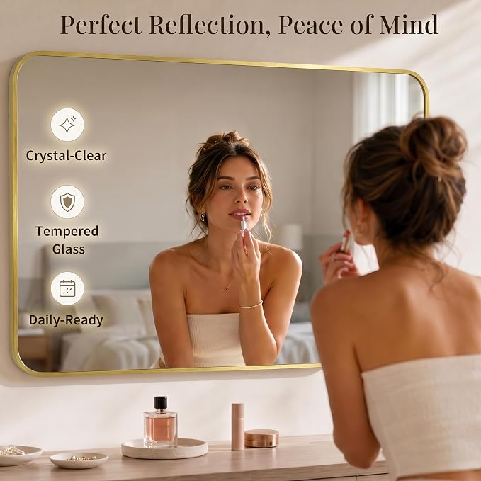 30x48 Inch Brushed Gold Rounded Rectangle Bathroom Vanity Mirror | For Over-Sink Bathrooms, Corrosion-Resistant Aluminum Frame, Slim Front Profile, Vertical or Horizontal Layout