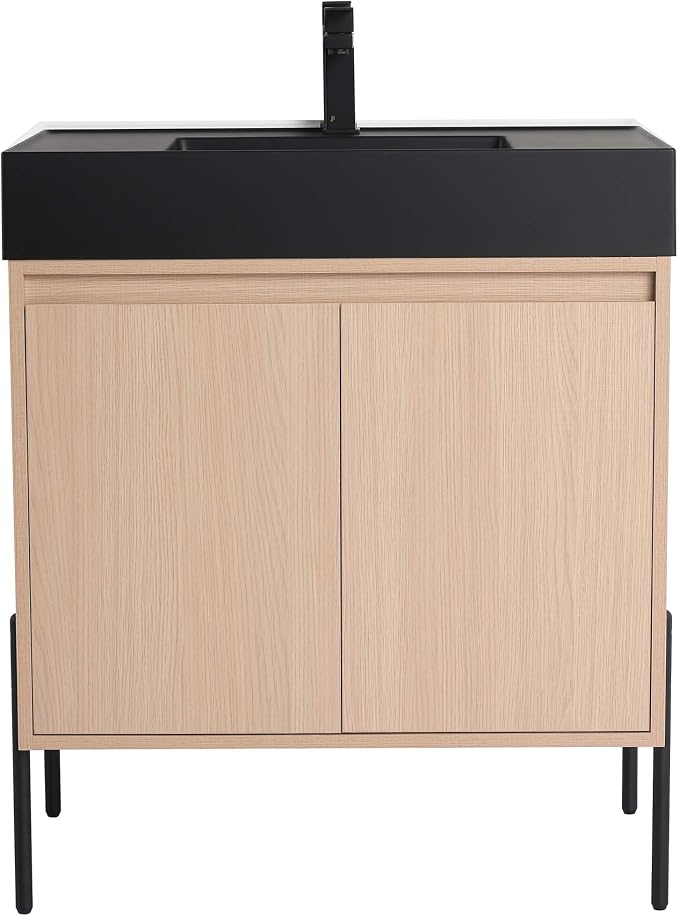 Crownpoint 30 Inch Bathroom Vanity with Sink, Black Sink, White Oak Finish, Full Assembly Required, Elegant Bathroom Vanities for Modern Homes