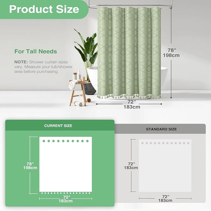 Long Boho Shower Curtain Tufted Geometric 72"x78" Sage Green | 78 Inch Tall, Elegant Tassel, Lightweight Textured Fabric, Water Repellent, Washable, Hotel Spa, for Bathroom/Dorm 12 Hooks