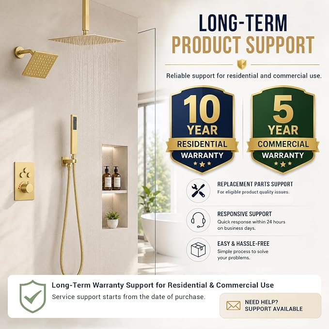 Thermostatic Dual Shower Head System, Brushed Gold Shower Faucet | 12 Inch Ceiling Rainfall Shower, 6 Inch Wall Mount Head, High Pressure Handheld Sprayer, Push Button Valve