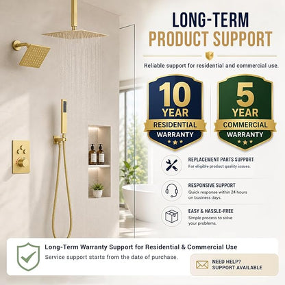 Thermostatic Dual Shower Head System, Brushed Gold Shower Faucet | 12 Inch Ceiling Rainfall Shower, 6 Inch Wall Mount Head, High Pressure Handheld Sprayer, Push Button Valve