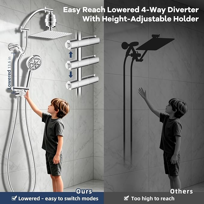 Hibbent 10'' Filtered Shower Head & Filtered 10-Mode Handheld Combo, Chrome | All Metal Stainless Steel Rain Showerhead, 4-way Diverter, Heightened All Metal Extension Arm, 71'' Hose & Holder, Easy Reach