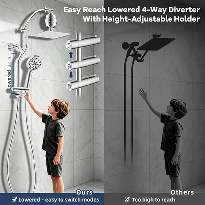 Hibbent 10'' Filtered Shower Head & Filtered 10-Mode Handheld Combo, Chrome | All Metal Stainless Steel Rain Showerhead, 4-way Diverter, Heightened All Metal Extension Arm, 71'' Hose & Holder, Easy Reach