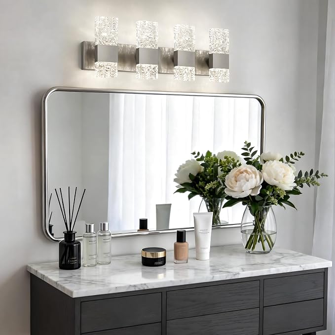 Epinl Brushed Nickel 4-Light Bathroom Vanity Lights, 4000K Modern Bathroom Lighting Fixtures Over Mirror, 28" LED Crystal Bathroom Light Fixtures Hardwired Wall Sconces for Bathroom Living Room