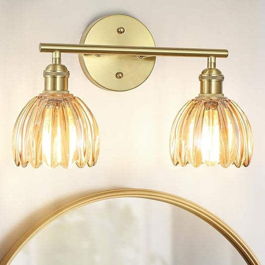 Vintage Bathroom Light Fixtures,2-Light Hardwired Vanity Lights with Amber Tulip Glass Shade,Gold Bathroom Vanity Light for Mirror Restroom,E26 Socket,14.57 in(Bulbs Not Included)