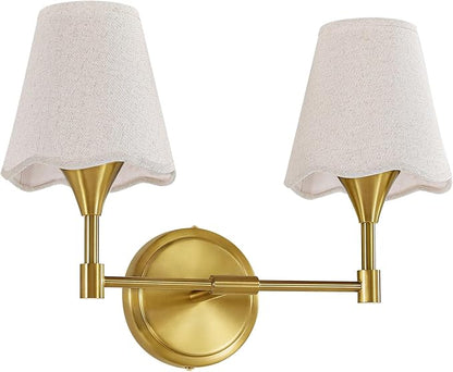 Gold Bathroom Vanity Light Fixtures: Brushed Gold Vanity Lights Over Mirror with Flared Fabric Shade, Modern Bathroom Lighting Fixtures, 2 Light Wall Sconces Lighting for Bedroom Hallway Living Room