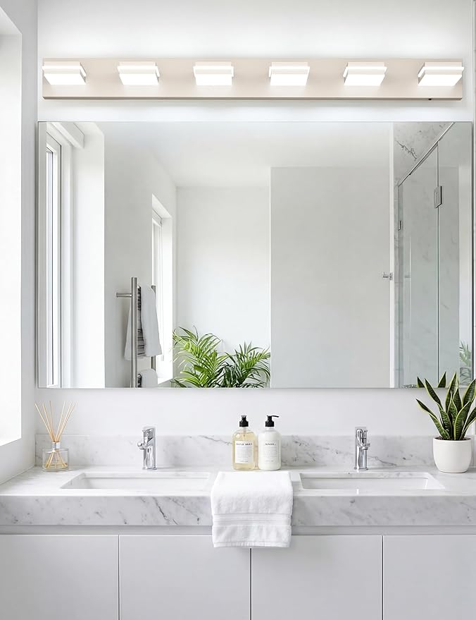 VOLISUN Modern Bathroom Vanity Light Fixtures (6-Light, 48-Inch), Brushed Nickel LED Bathroom Light Fixtures Over Mirror, 360°Rotatable Head, LED Vanity Lights for Bathroom (Cool White 6000K)