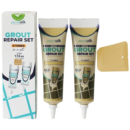 Premixed Tile Grout Repair- Sand Beige 2-Pack (17.6oz/500g) | Acrylic sanded formula, for bathroom shower kitchen tile, water-resistant, 24-hour cure, 58 sq ft, value 2-pack