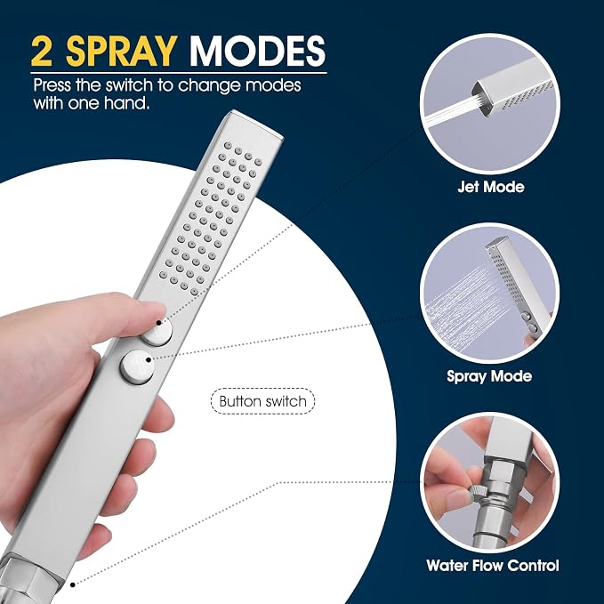All-Metal High Pressure Square Handheld Shower Head with Jet Spray and Rainfall Modes, Volume Control Regulator, ON/OFF Switch, Hose and Wall Mounted Adjustable Bracket (Brushed Nickel)