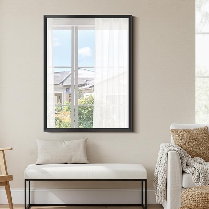 Black Bathroom Mirror 36 x 48 Inch Rectangle Wave Beveled Frame for Wall Bathroom Vanity Mirror for Over Sink, Tempered Glass,for Entryway Hangs, Bathroom Living Room Horizontal or Vertical