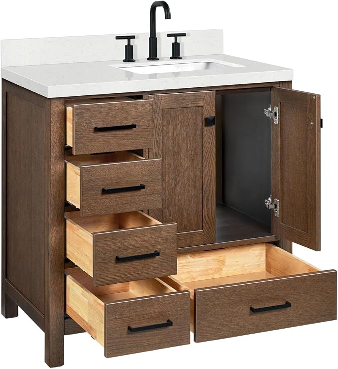 ARIEL Cambridge 36-inch Bathroom Vanity with Sink,Solid Wood, 1.5-inch Carrara White Quartz Countertop, Single Rectangular Porcelain Sink, 2 Soft Closing Doors, 5 Dovetail Drawers, Brown Oak