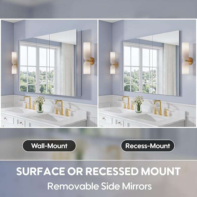 52" x 36" Bathroom Medicine Cabinet with Mirror, Anodized Chrome Aluminum Frame, Surface Mount or Recessed Medicine Cabinet with Mirror, Bathroom Mirror with Storage, Three Doors