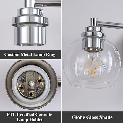 Upgrade 3-Light Bathroom Light Fixtures, Modern Vanity Light with Globe Glass Shade, Silver Chrome Bathroom Lights Over Mirror, Vanity Lights for Bathroom Bedroom Kitchen Hallway Living Room