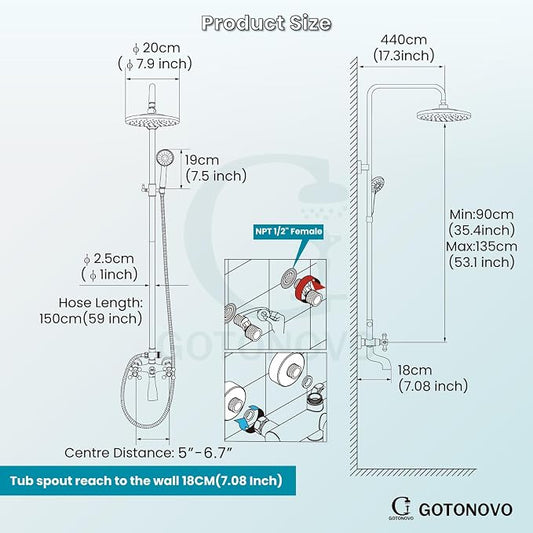 gotonovo Matte Black Exposed Shower Faucet Set with Tub Spout,Two Handle | 8” Rainfall Shower Head Kit System Fixtures,8 Mode Handheld Spray,3 Function,Adjustable Height,for 5-6.7" Hole,Outdoor/Indoor