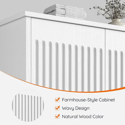 HOOBRO Fluted Bathroom Wall Cabinet, Farmhouse Medicine Cabinet with 2 Fluted Doors, Wall Storage Shelf with Towel Rack, Adjustable Shelf, for Small Spaces, Bathroom, Kitchen, White
