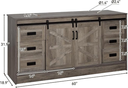 60" Barn Door Bathroom Vanity with 6 Drawers and Two Doors, Farmhouse Style Standing Pedestal Cabinet with Two Brown Leaf Vessel Sinks