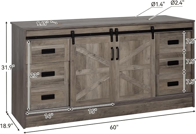 60" Barn Door Bathroom Vanity with 6 Drawers and Two Doors, Farmhouse Style Standing Pedestal Cabinet Without Sink