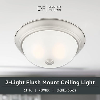 DESIGNERS FOUNTAIN Reedley 2-Lights Flush Mount Ceiling Light, 11 Inch Lighting Fixture for Kitchen, Bedroom, Bathroom, and Hallway, Pewter with Etched Glass, 1257S-PW-W