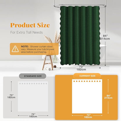 BTTN Extra Long Shower Curtain, 72x84 Scalloped Linen Textured Cloth Shower Curtain Set with 12 Hooks, Tall Emerald Boho Elegant Decorative Waterproof Fabric Shower Curtains for Bathroom, Dark Green