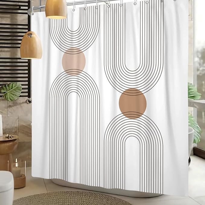 Mid Century Shower Curtain for Bathroom, Boho Sun Rainbow Modern Minimalist Geometric Shower Curtain, Abstract Arch Lines Modern Aesthetic Bathroom Decor Curtain Sets 48x72 inch