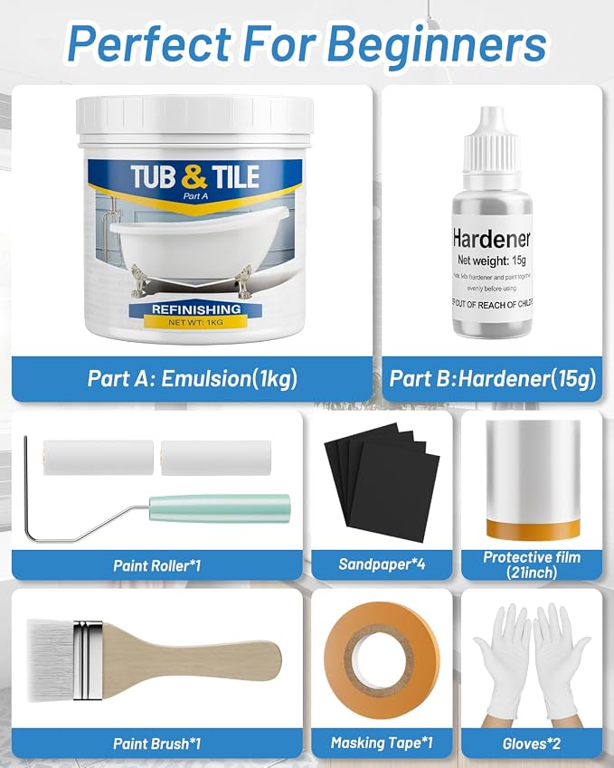 Tub and Tile Paint Refinishing Kit, 36oz Bathtub Refinishing Kit White with Tools and Hardener, Semi-Gloss White Tub Paint for Bathtub, Sink, Low Odor and Easy to Use
