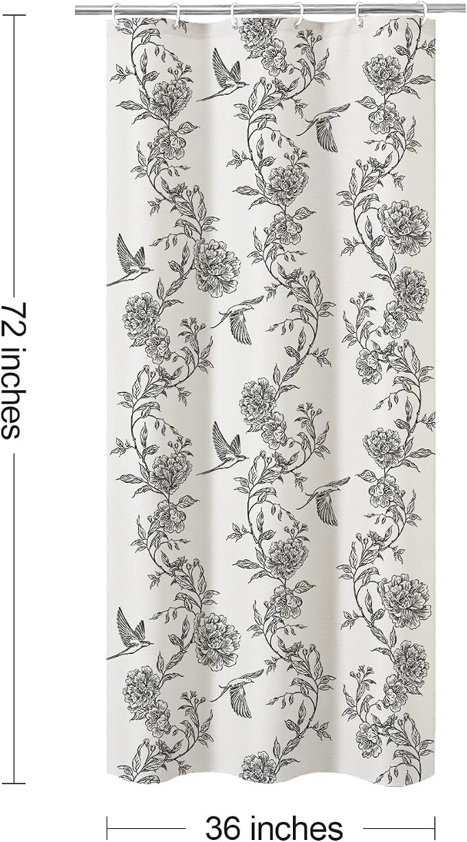 MitoVilla Small Stall Black Cotton Shower Curtain for Bathroom,36 x 72 | Narrow Half Cottagecore Hummingbird Spring Shower Curtains, Modern Farmhouse Country Floral Bathroom Décor, 36 x 72