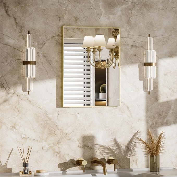 MZON 16" x 20" Brushed Gold Bathroom Vanity Mirror, Mirror for Over Sink | Aluminum Alloy Frame, Clear Reflection, Rust-Resistant, Vertical or Horizontal, Wall Mount, Bedroom and Entryway