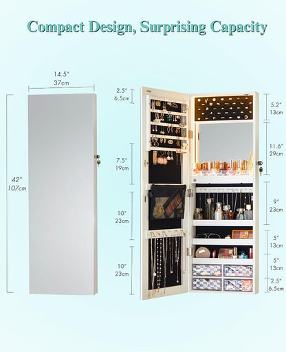 LUXFURNI Wall & Door‑Mounted Storage Jewelry Armoire Cabinet with Mirror | Built‑in LED Mirror, Acrylic Lipstick Tray, 4 Clear Drawers, Large Velvet‑Lined Storage, Wall & Door‑Mounted, Lockable