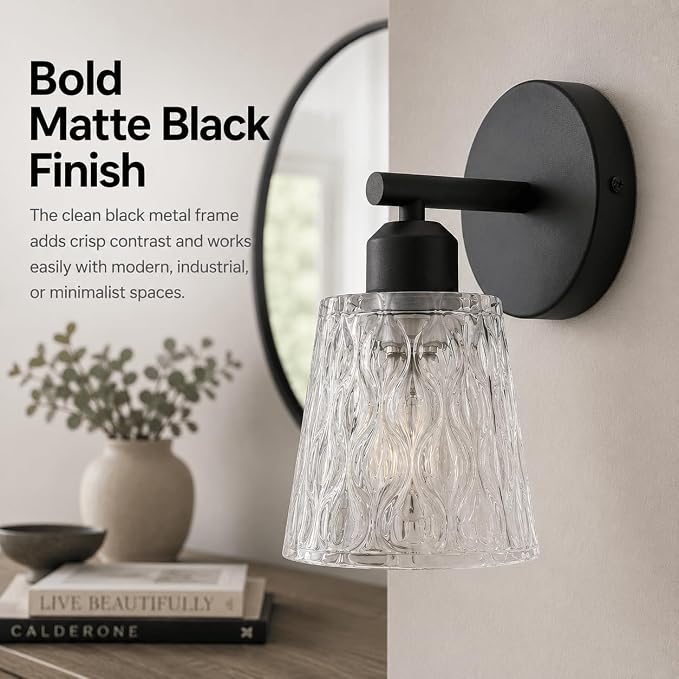 Black Bathroom Vanity Light Over Mirror, 1-Light Modern Vanity Light with Textured Glass Shade, Stainless Steel Backplate, E26 Socket (Bulb Not Included)