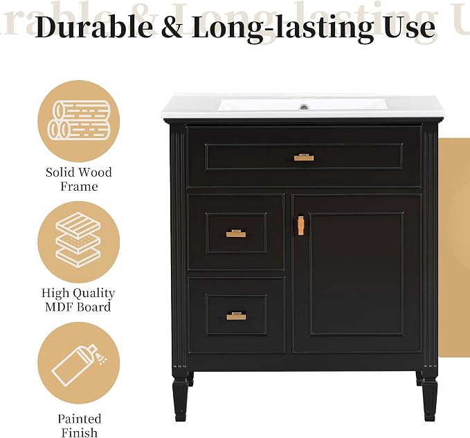 30" Bathroom Vanity with Ceramic Sink, 1 Flip Drawer & 2 Side Drawers, Modern Freestanding Storage Cabinet w/Adjustable Shelf & Golden Metal Handles, Solid Wood Frame, Black