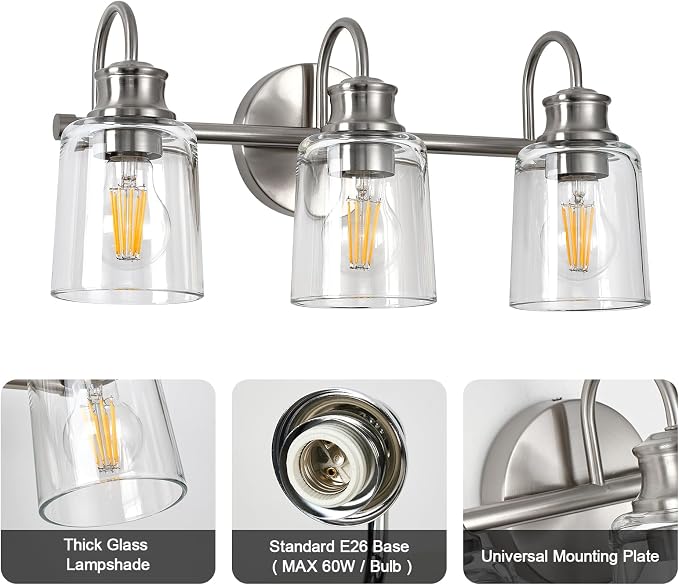 3 Lights Bathroom Light Fixtures Brushed Nickel Vanity Lights | ETL Certificate, Easy to Install,Wall Mount Up or Down,Thickened Glass Lampshade,E26 Socket,Hardwired