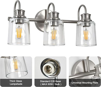 3 Lights Bathroom Light Fixtures Brushed Nickel Vanity Lights | ETL Certificate, Easy to Install,Wall Mount Up or Down,Thickened Glass Lampshade,E26 Socket,Hardwired