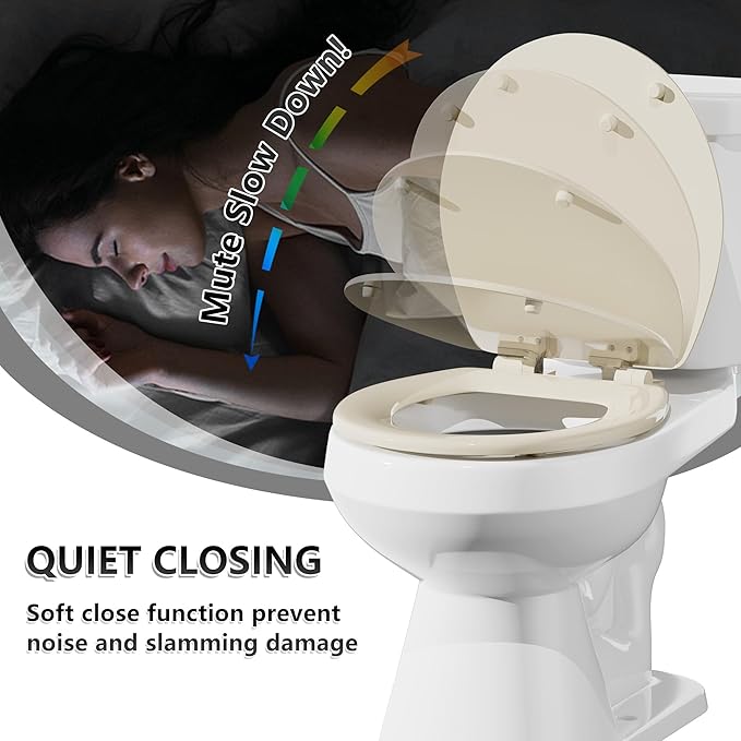 Angol Shiold Quiet-Close Molded Wood Toilet Seat with Non-Slip Adjustable Hinges, Anti-Pinch Bumpers, Easy Install & Clean（Biscuit, Round 16.5''）