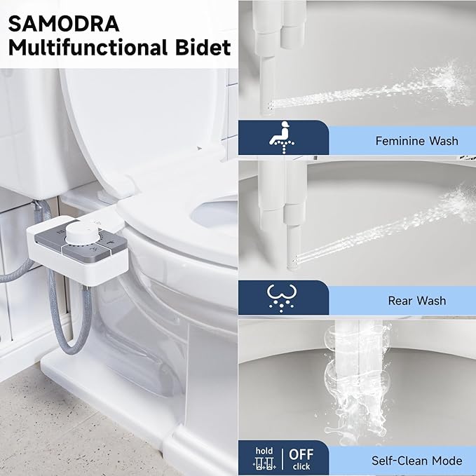 SAMODRA Bidet Attachment for Toilet, Non-Electric Fresh Cold Water Bidet Toilet with Angle Control Dual Nozzle, Adjustable Water Pressure & Self Cleaning Nozzle (1 Unit, Silver)