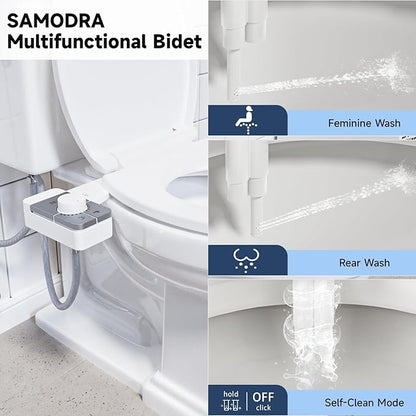 SAMODRA Bidet Attachment for Toilet, Non-Electric Fresh Cold Water Bidet Toilet with Angle Control Dual Nozzle, Adjustable Water Pressure & Self Cleaning Nozzle (1 Unit, Silver)