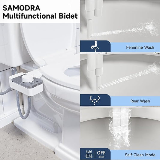 SAMODRA Bidet Attachment for Toilet, Non-Electric Fresh Cold Water Bidet Toilet with Angle Control Dual Nozzle, Adjustable Water Pressure & Self Cleaning Nozzle (1 Unit, Silver)