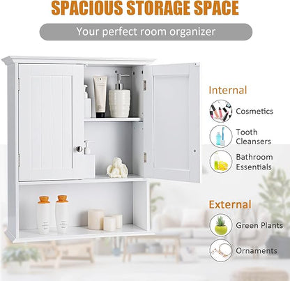 COSTWAY Wall Mounted Bathroom Cabinet, Over The Toilet Storage Cabinet w/Double Doors & Adjustable Shelf, Wood Hanging Medicine Cabinet for Living Room, Entryway, Kitchen (White) | Double Doors & Adjustable Shelf, Wood Hanging Medicine Cabinet for Livi...