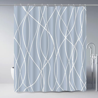 Striped Shower Curtain for Bathroom, Light Blue, 72" W x 72" L | with Hooks, Modern Hotel Style, Water Repellent, Washable, Weighted Hem