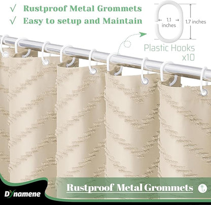 Dynamene Stall Fabric Shower Curtain, 60x72 inch Narrow Boho Tufted Chevron Striped Cloth Bathroom Shower Curtain, Weighted Neutral Waterproof Shower Curtain Set with 10 Hooks, Wrinkle Free, Beige