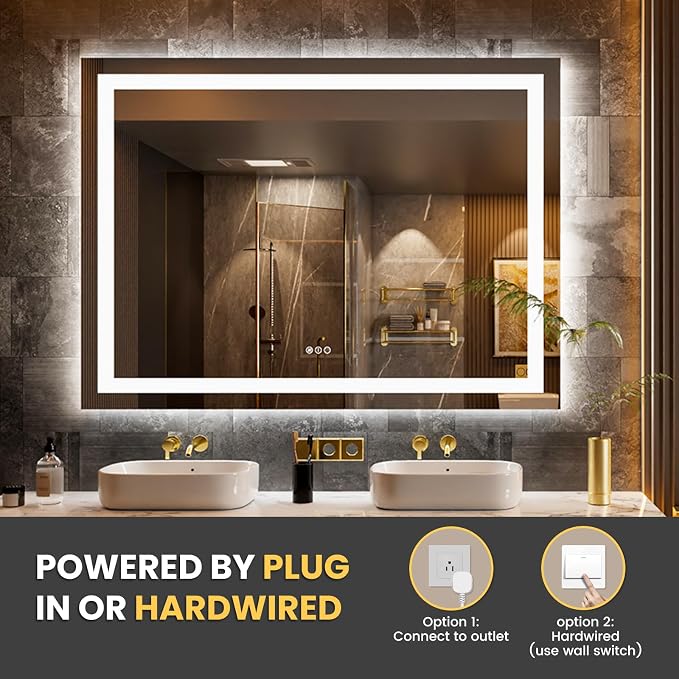 LOAAO 44"X60" LED Bathroom Mirror with Lights, UL Listed | Anti-Fog, Dimmable, 3 Color Temperature, Backlit + Front Lit, Memory Function, Tempered Glass