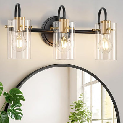 3 Light Bathroom Vanity Light, Black and Gold Bathroom Wall Light Fixtures with Clear Glass Shade, Modern Wall Sconces Wall Lamp Over Mirror Kitchen Living Room Bedroom Hallway Cabinet
