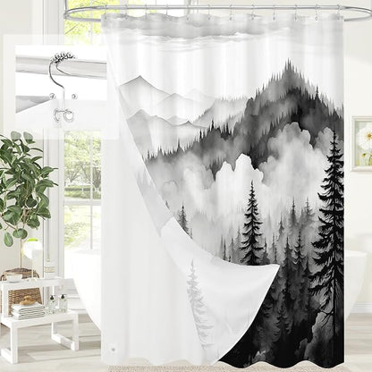 3 in 1 Black Forest Shower Curtain Set, Modern Spring Shower Curtain and PEVA Liner Set with 12 Stainless Steel Shower Curtain Hooks, Waterproof Fabric Shower Curtains for Bathroom, 72 W x 72 H
