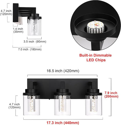 MELUCEE 3-Light LED Bathroom Light Fixtures Over Mirror 5 Color Temperature | Modern Bathroom Vanity Lights 5CCT Black Vanity Light with Bubble Crystal and Clear Glass Shade, Built-In LED Chips