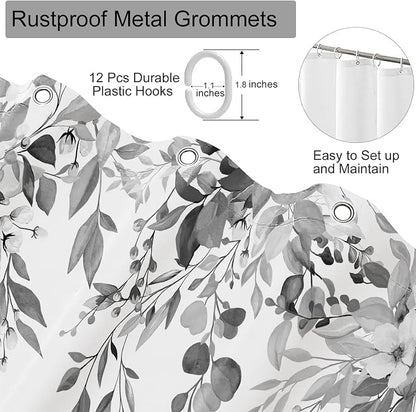 Grey Floral Eucalyptus Shower Curtain with Hooks, 36x72 Inch | Waterproof Fabric, Watercolor Leaves and Floral, Botanical Style, Machine Washable, Quick-Drying, for Hotel Bathroom