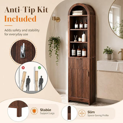 VINGLI Tall Bathroom Storage Cabinet, 66.9" Freestanding Narrow Linen Cabinet with Arched Open Shelves, Drawer & Door, Slim Skinny Wood Cabinet for Bathroom, Living Room, Entryway, Dark Walnut