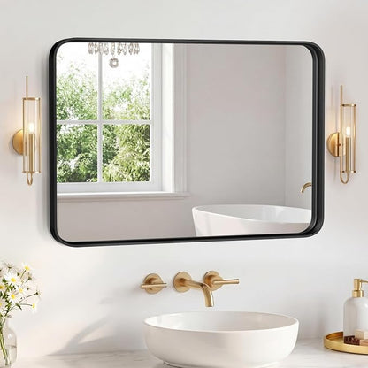 Sweetcrispy Bathroom Mirror 40x30 Inch, Vanity Mirror for Wall | Metal Framed Rounded Rectangle, Over Sink, Farmhouse Restroom, Anti-Rust, Horizontal or Vertical Hanging, Black