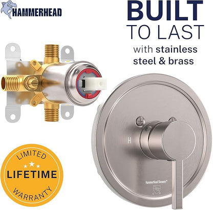HammerHead Showers Solid Metal Single-Handle Trim Kit with Rough-In Shower Valve, Volume and Temperature Control, Pressure Balance, Brushed Nickel