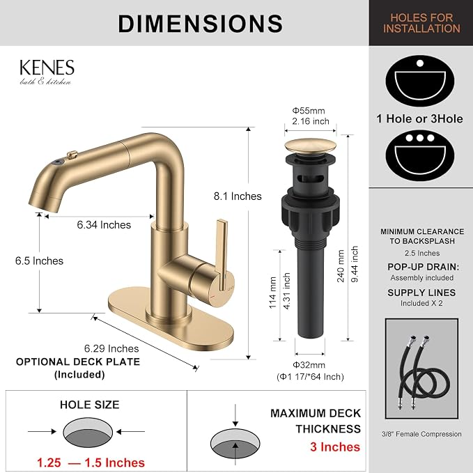 Champagne Bronze Pull Down Bathroom Faucet 1 Handle Vanity Faucet | Pull Out Bathroom Faucet with Pop Up Drain & 6 Inch Deck Plate, Lead-Free cUPC & NSF Certified, 1 Hole Faucet for Vanity RV